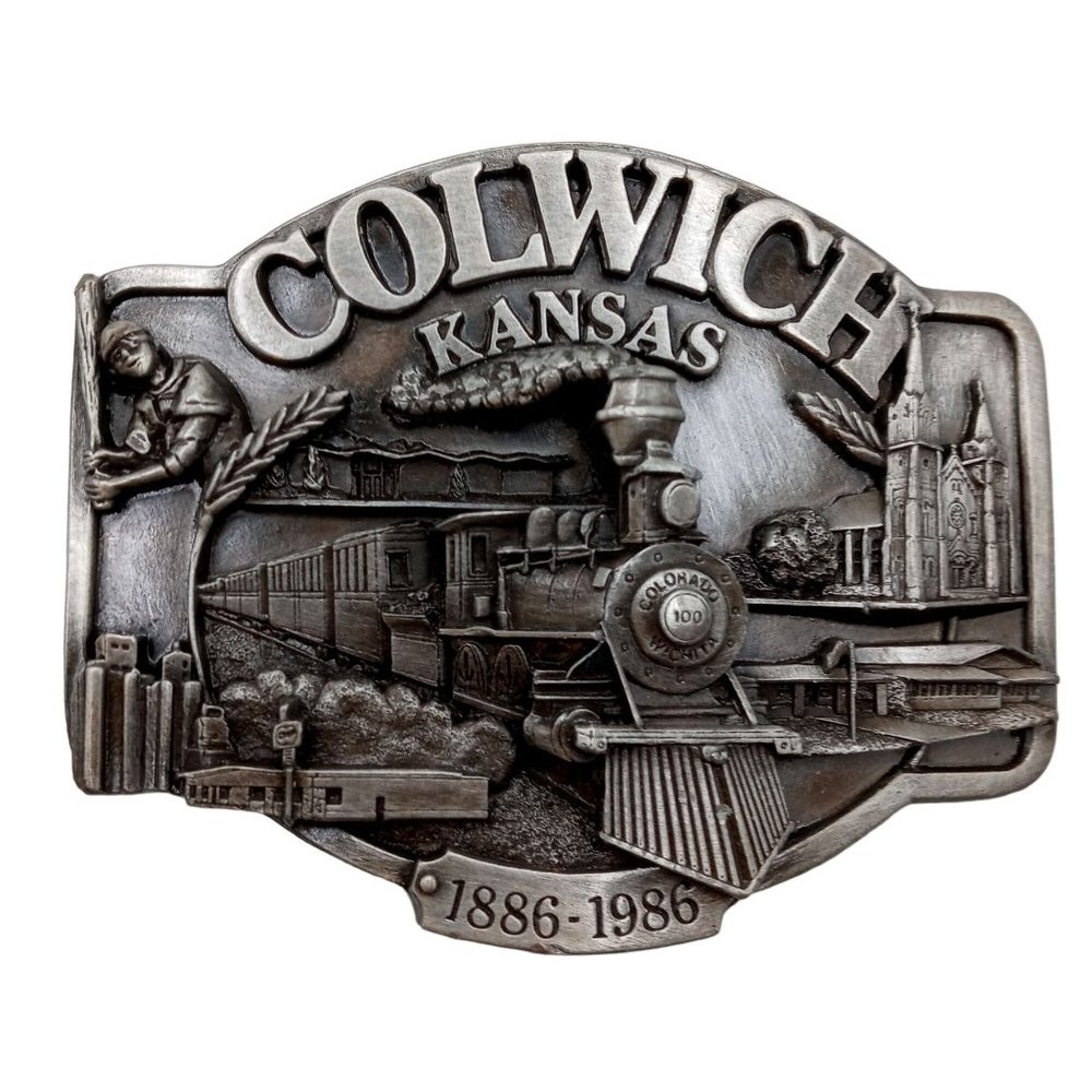 Colwich Kansas Belt Buckle Centennial 1986 Train Locomotive Baseball KS Vintage